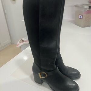 Vince Camuto Black Heeled Boots with Gold Buckle